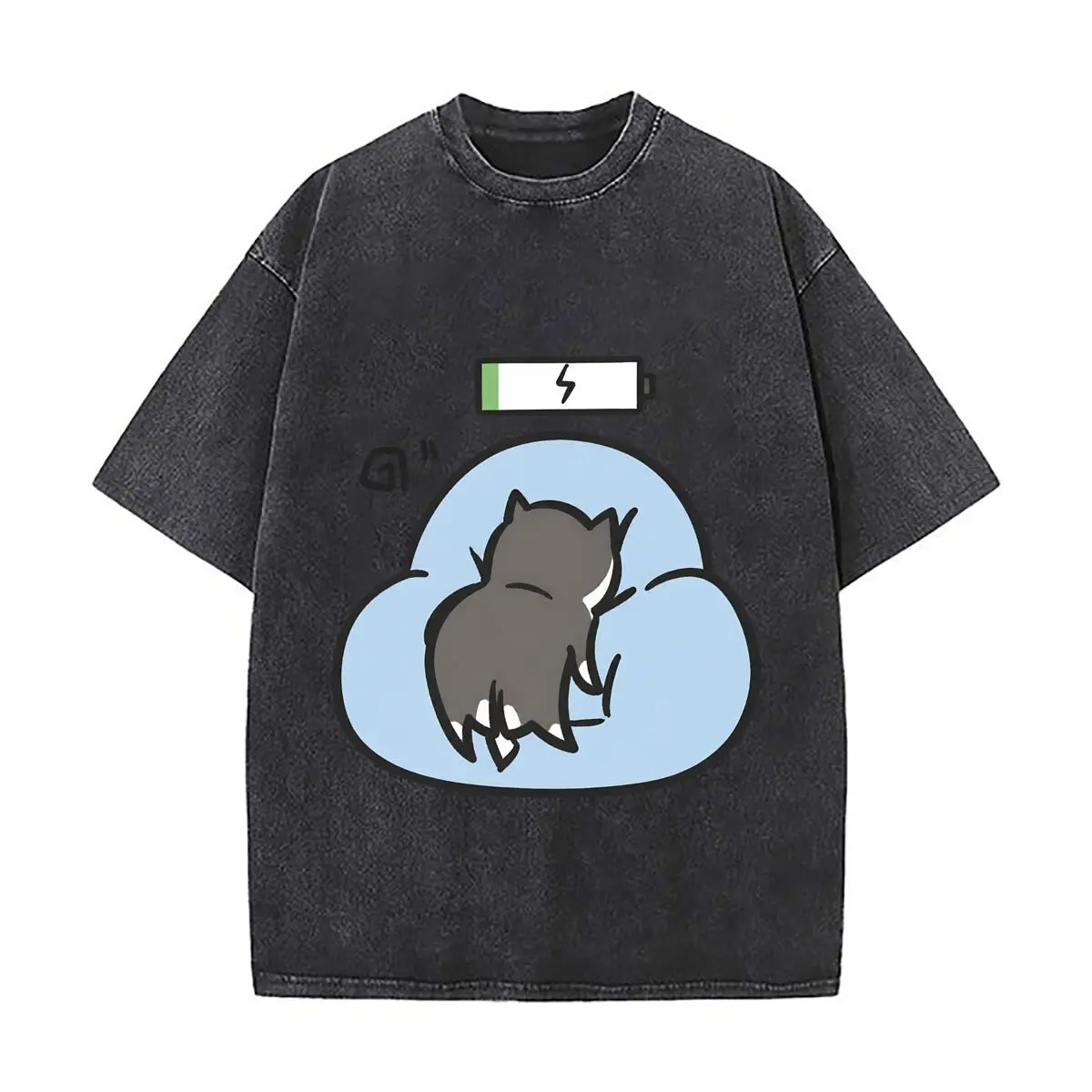 Lazy Sleeping Cat Low Battery Blue Cloud Illustration Distressed Vintage Oversized Streetwear Tops for Coffee Dates
