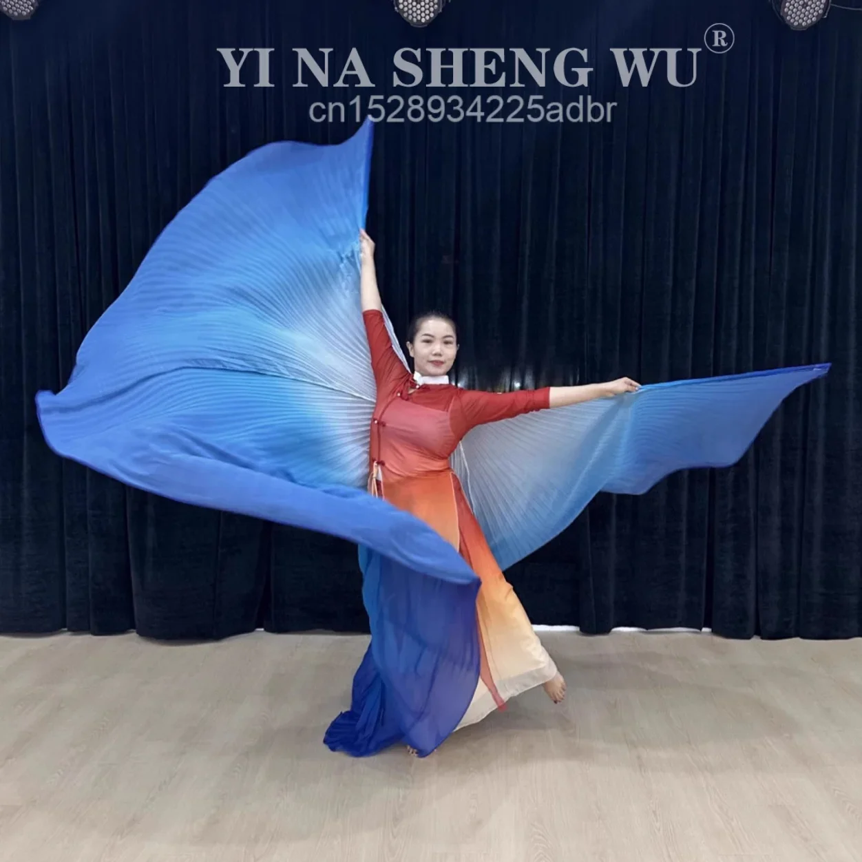 جديد الرقص الشرقي الدعائم أجنحة الأبيض والأزرق التدرج الشيفون عباءة الأداء الإناث مرة أخرى مع الدعائم أجنحة الثناء الأداء #5