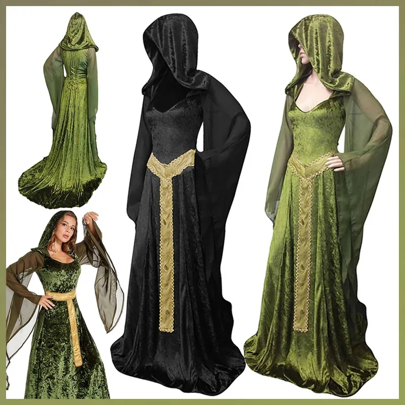2025 11 disfraz Medieval señora Cosplay verde negro vestido Vintage renacentista Retro disfraz mujer vestido elegante ropa de fiesta