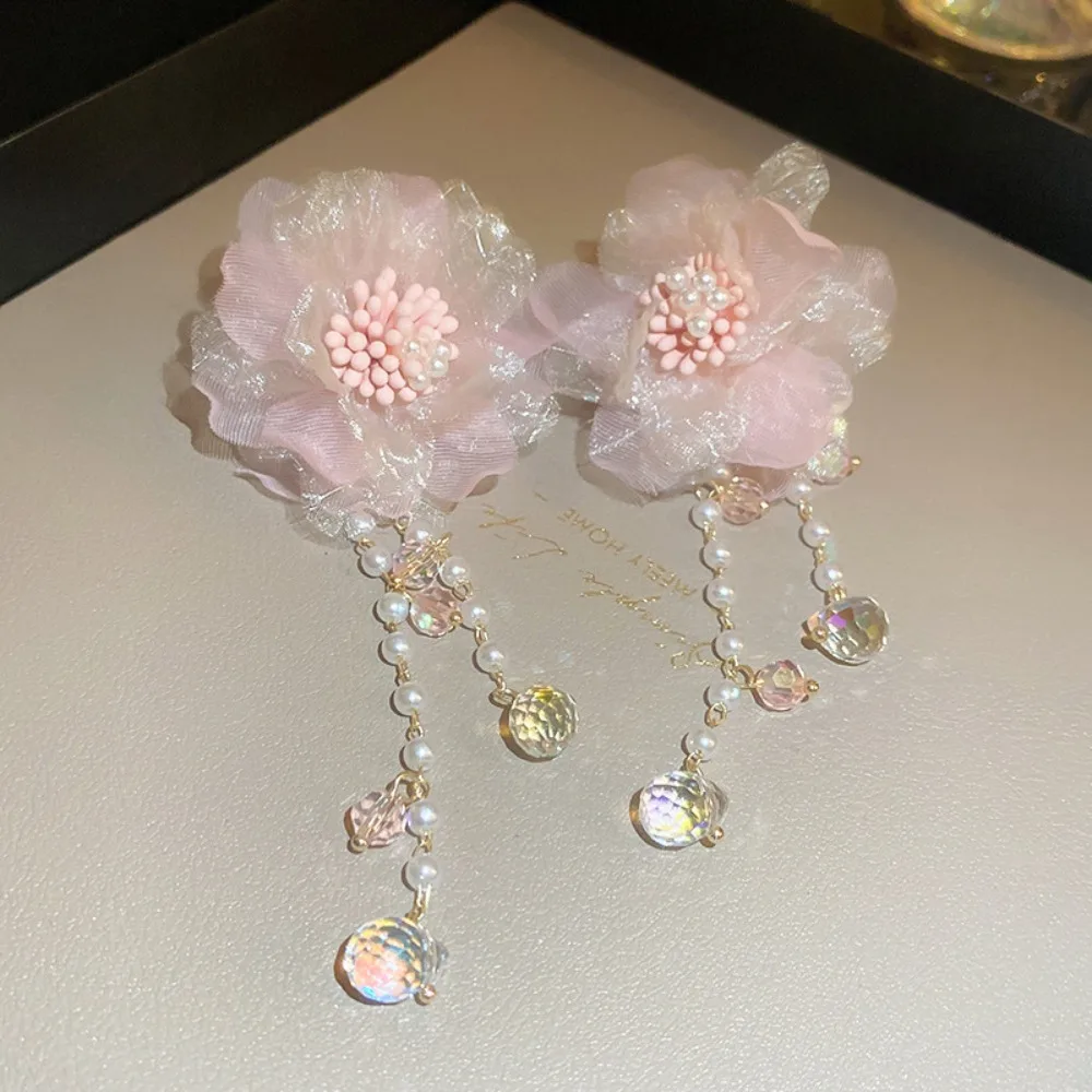 Fashion Sweet Gauze Flower Necklace Elegant Pink Crystal Pearl Earrings Chic Exquisite Crystal Fringe Necklace Girls