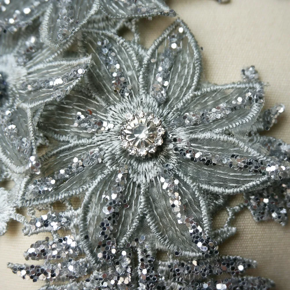 2Pcs Rhinestones Silver Sequin Embroidered Lace Applique Sewing Flower Fabric Patch Wedding Gown Bridal Dress Clothes DIY Crafts