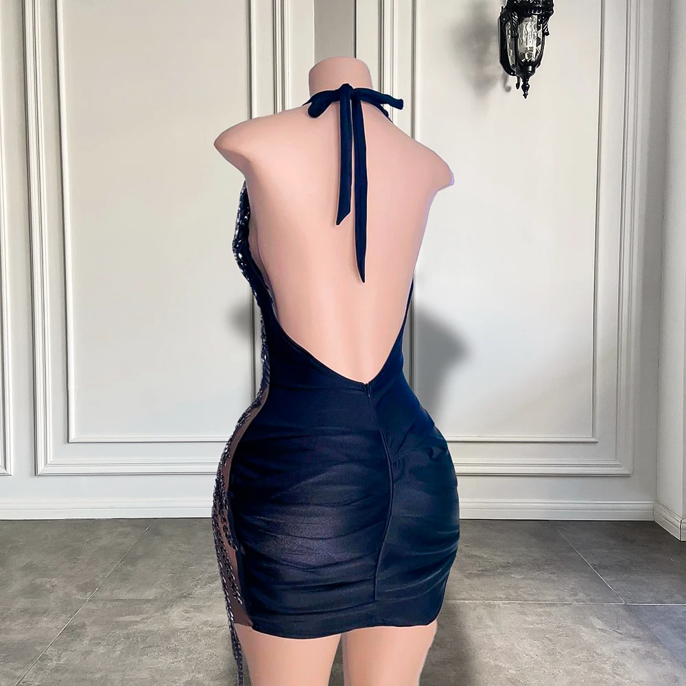 ดูผ่านเซ็กซี่ SHEER Halter แขนกุดหรูหราเพชรผู้หญิงวันเกิดสีดําสาวมินิเดรสสั้น 2023