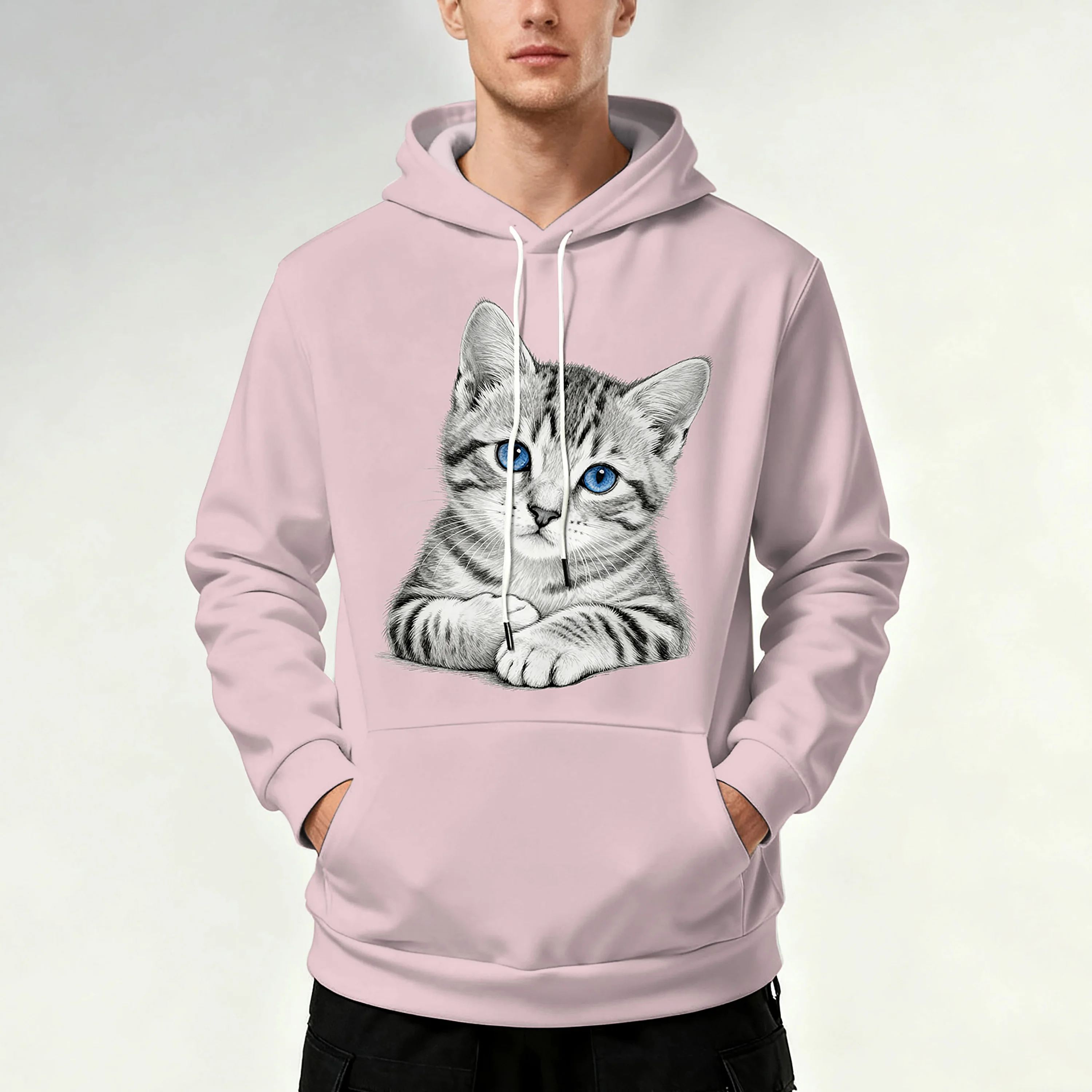 

Мужская толстовка с капюшоном с принтом котенка, карманами, капюшоном на шнурке и спортивным повседневным образом.