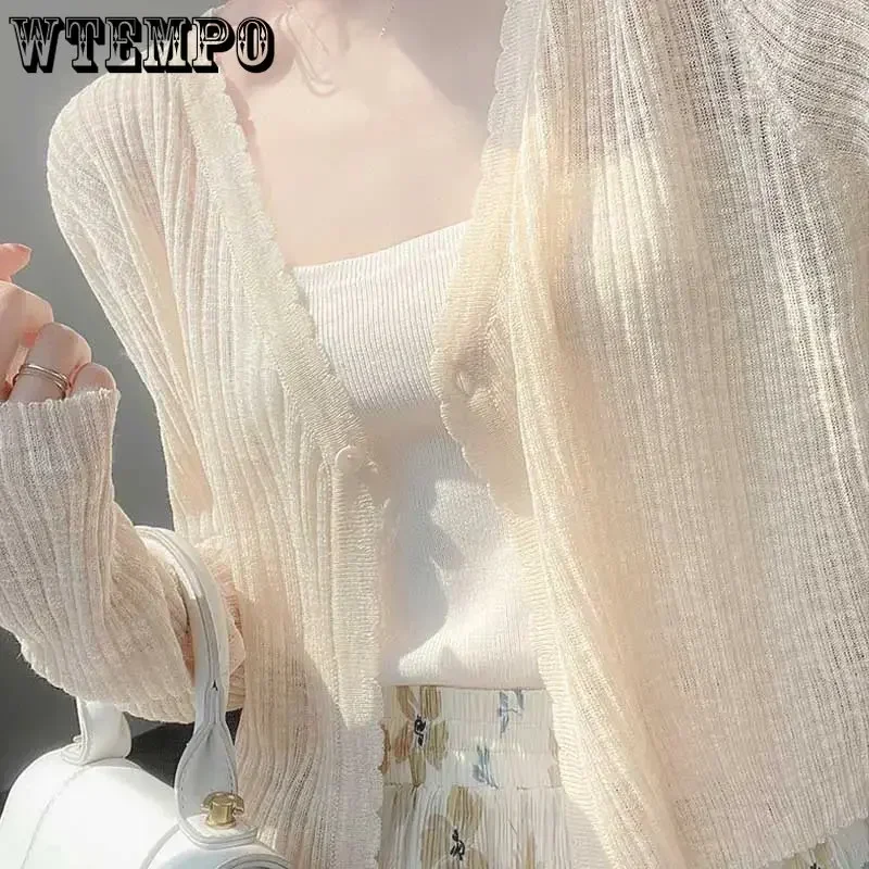 WTEMPO Ice Silk Knitted Sunscreen Cardigans Women\'s New Summer Thin Shawls Button Smock Solid Short Air Conditioned Shirts Coats