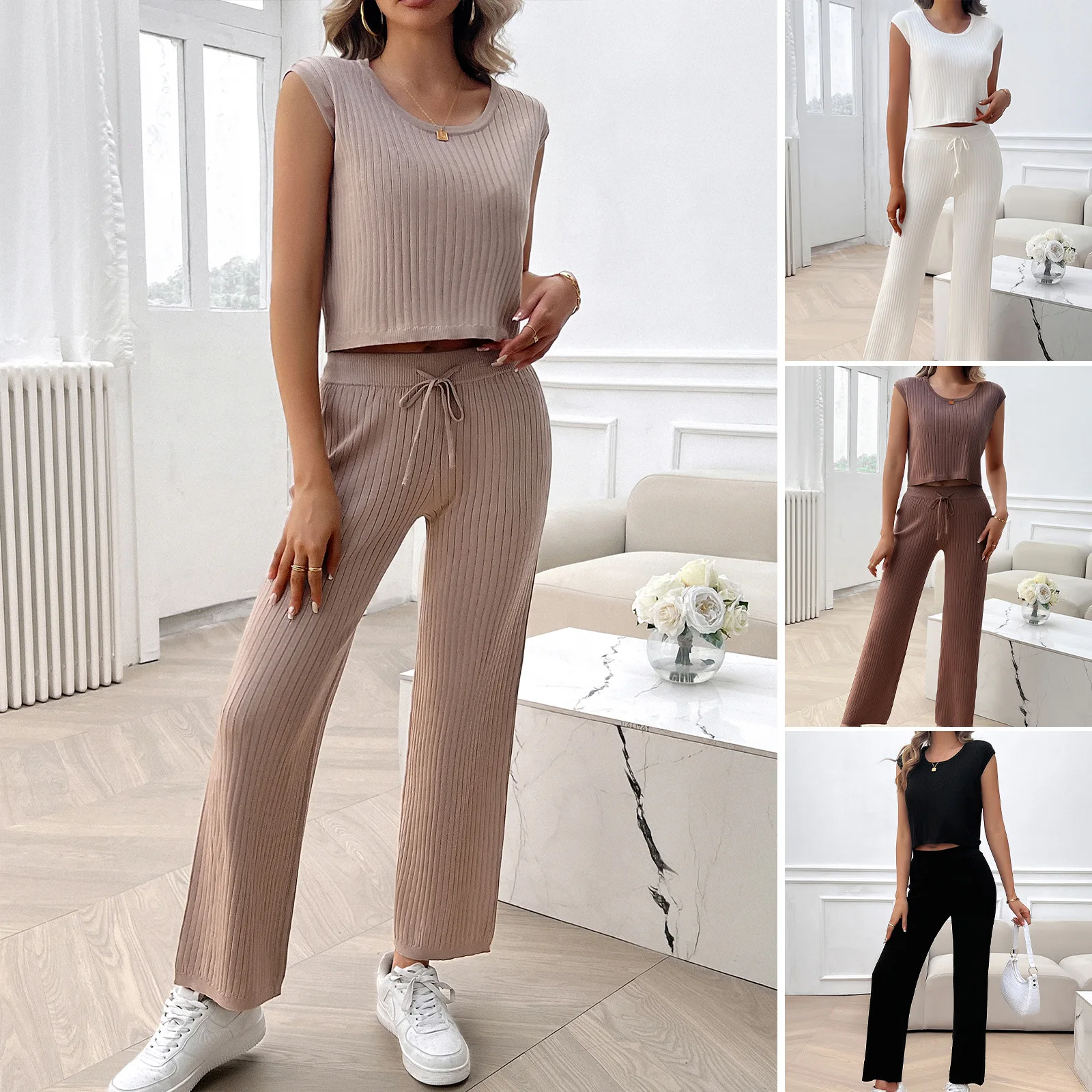 2024 Spring and Summer Women's Solid Color Round Neck Sleeveless 9-Point Pants Slim Sweater Suit Костюм Женский Летний