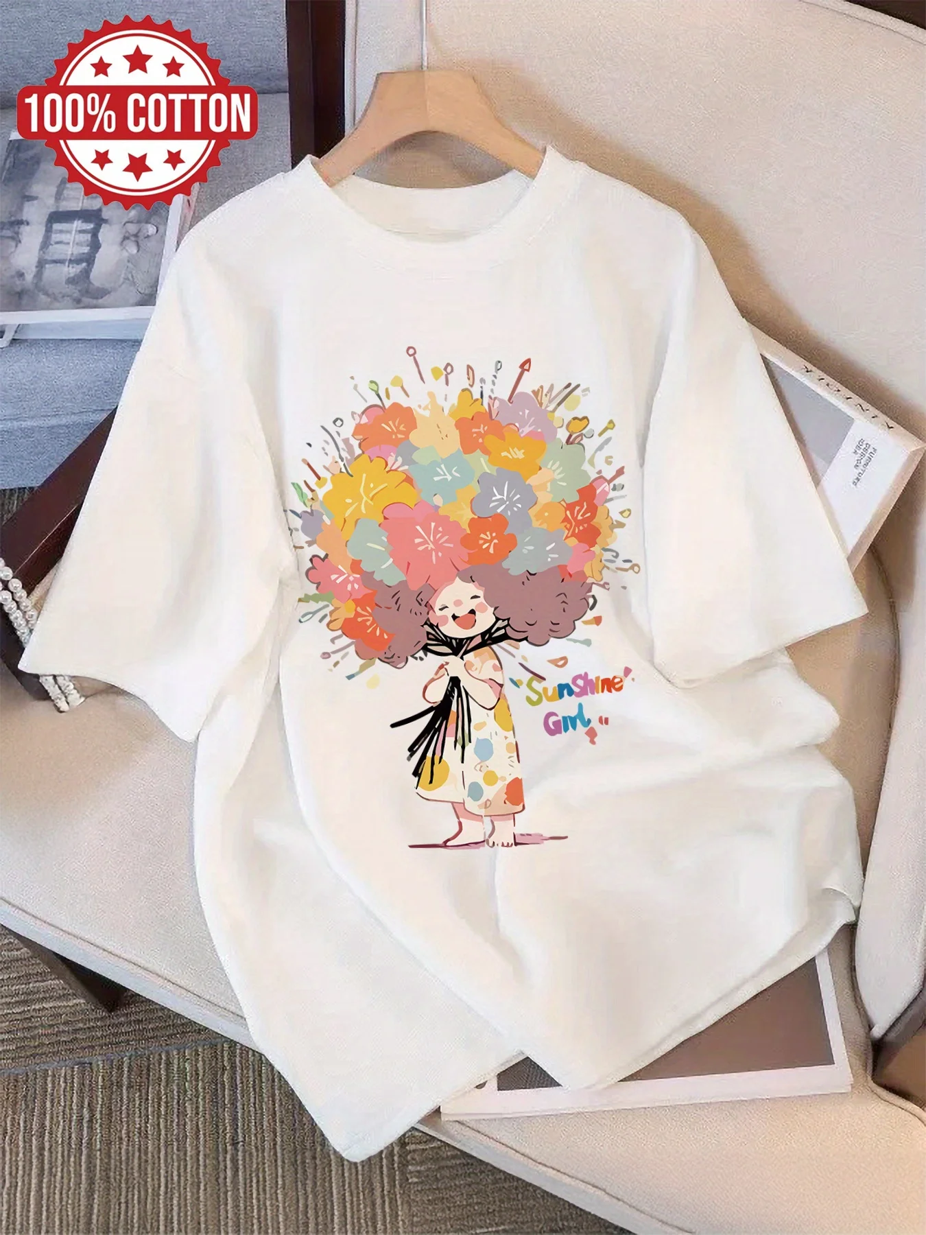 

Crew Neck Short Sleeve T-Shirt, Casual Style, Regular Length, with Cartoon and Flower Bouquet Alphabet Print for Spring/Summe
