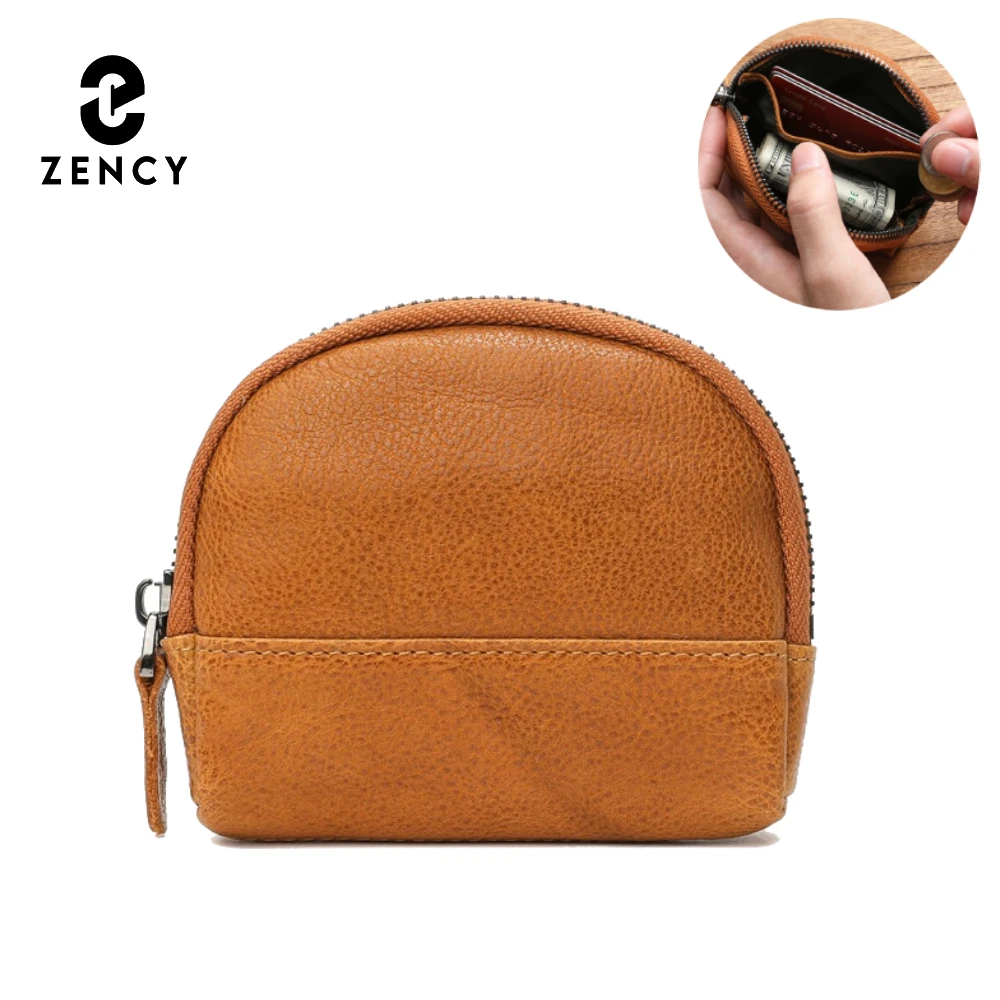 Zency Retro Handmade Short Zip Coin Purse Genuine Leather Long Wallet Soft Cowhide Leather Multiple Card Holders Bag Unisex