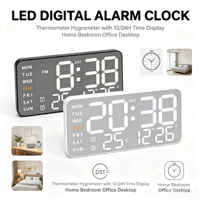 Multifunctional LED Digital Alarm Clock Hanging Table Temperature Humidity Meter Time Display Thermometer Hygrometer Home
