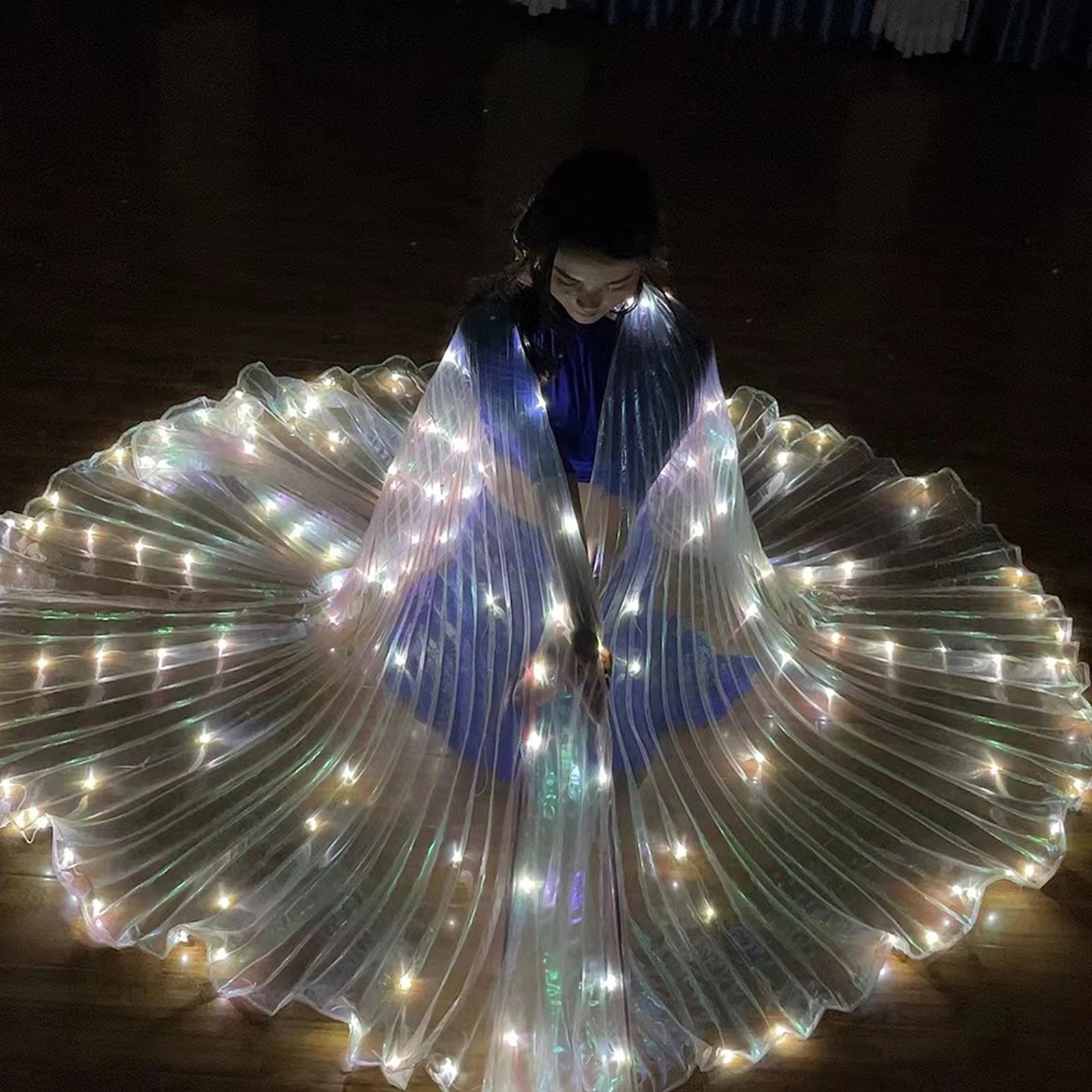 Yellow LED Isis Wing with Telescopic Stick Belly Dance Butterfly Wings Glowing Light Up Costume for Halloween Christmas Party