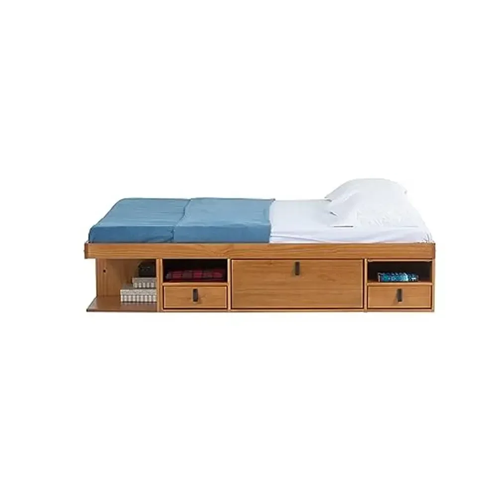 Bali Cama de almacenamiento tamaño Queen de roble con cajones y estantes, estructura de plataforma de madera maciza, 6 cajones y 4 estantes, fácil montaje, 880 lb