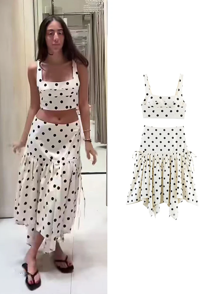 

TFMLN Women's Vintage Polka Dot Skirt Sets 2026 Summer Slim Fit Sling Short Top Asymmetric Midi Skirt Fashion Ladies Outfits New