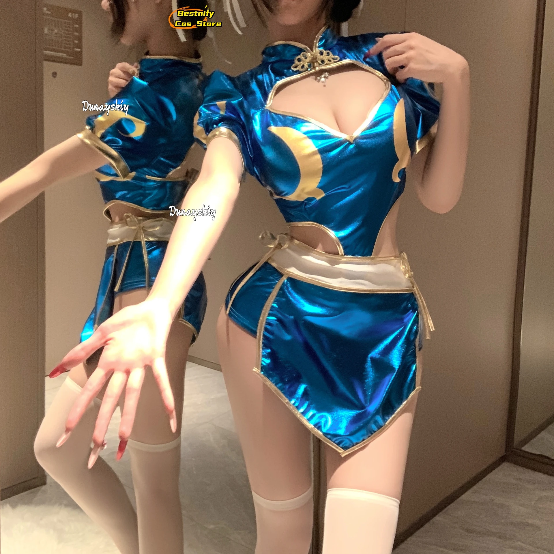 أزياء كوسبلاي جيمز تشون لي التأثيرية S-L فساتين شيونغسام الأزرق سبليت للنساء البالغات بدلة أغطية الرأس بدلة أنيمي للحفلات