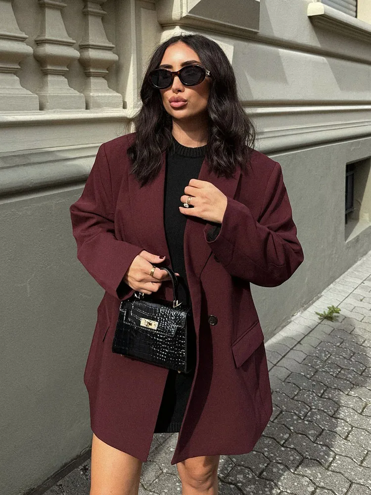 

Vintage Women Burgundy Blazer Autumn Elegant Long Sleeve Double-Breasted Outerwears Office Wear Women Fashion Blazers