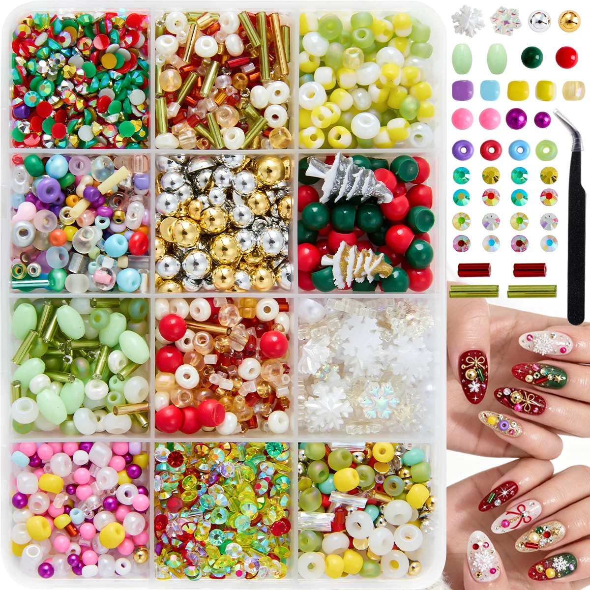2Pcs 12 Grid Christmas Nail Bead Set Colorful Tube Beads Snowflake Nail Art Charms Mixed Resin Decorations for DIY Nail Craft