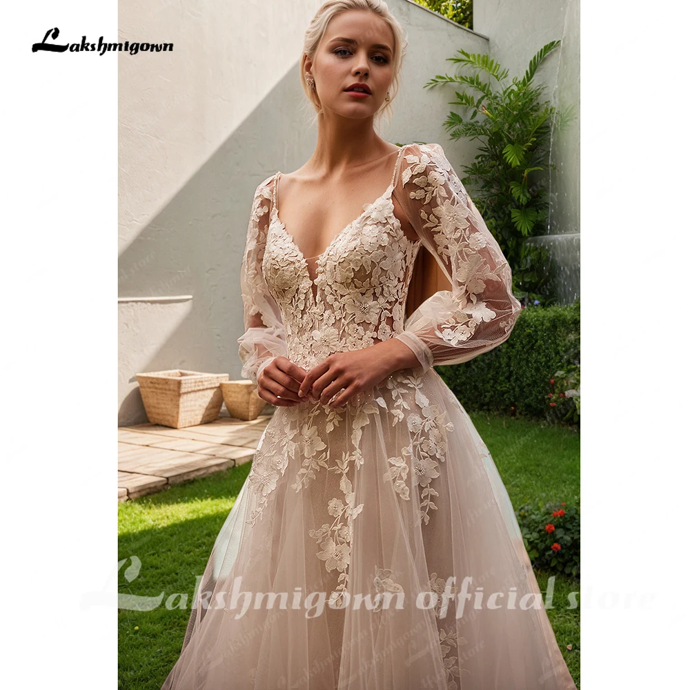 Lakshmigown Brautkleid mit V-Ausschnitt, aus Tüll, mit abnehmbaren Ärmeln, Spitze, rückenfreiem Design, elegant, A-Linien-Schnitt, nach Maß gefertigt. – Detail 9