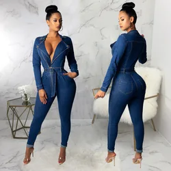 Washed Denim Jumpsuits V Neck Sashes Overalls Jean Solid Pencil Pants Sheath Jeans Pockets Spliced Sexy Slim High Street
