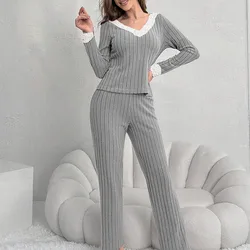 Autumn Winter Casual Temperament V-neck Lace Patchwork Knitted Suit Long-sleeved Pajamas Sleepwear 2PCS Home Clothes For Women