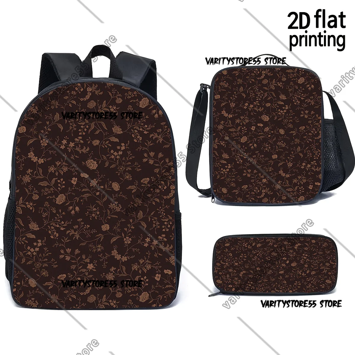 

Винтажный коричневый рюкзак с цветочным принтом для школьников (мальчиков и девочек), сумка для ноутбука, наплечная сумка, 3 предмета: термосумка для обедов и пенал