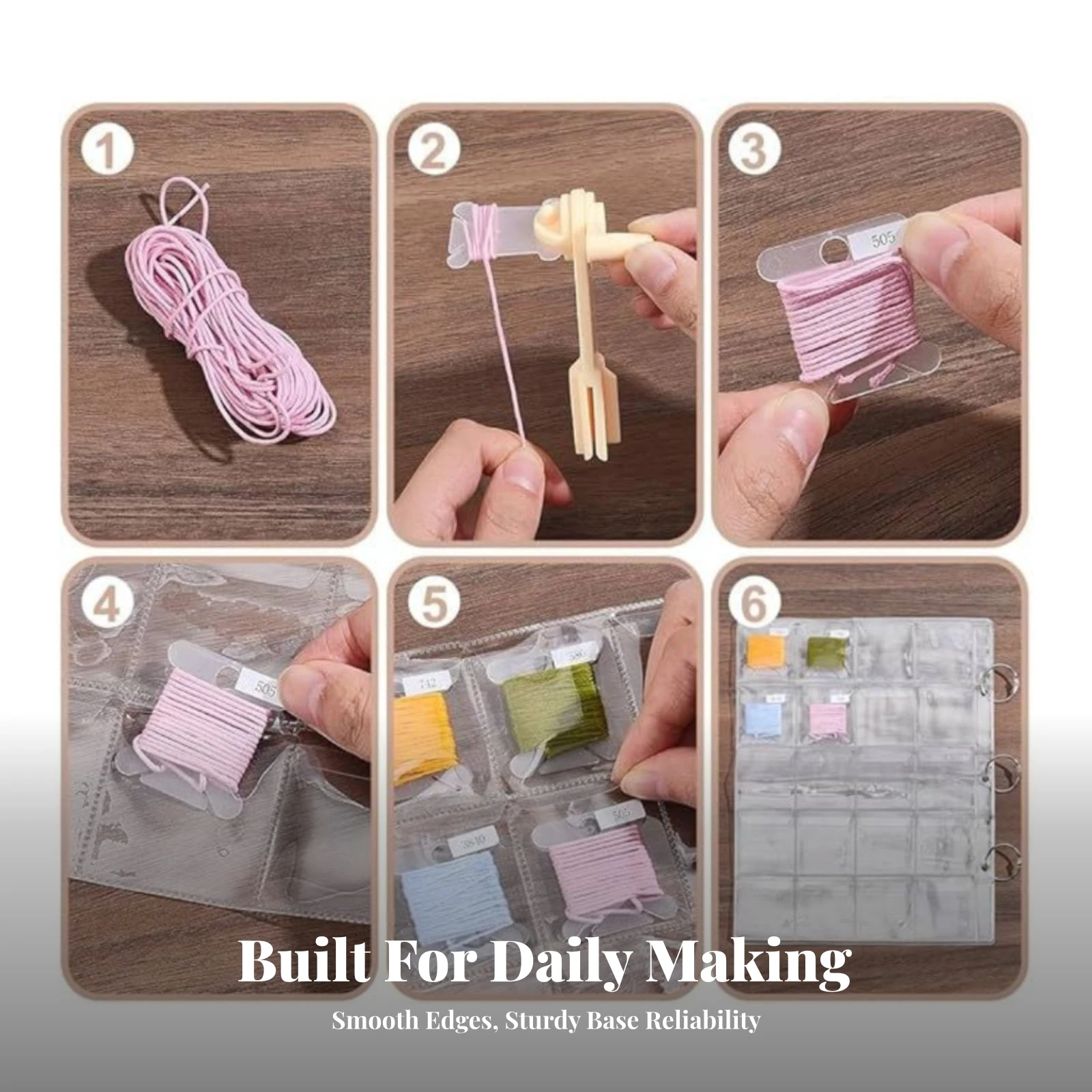 手回し式糸巻き器。軽量で使いやすい手動糸巻きツール。プラスチック製の板が付属し、耐久性に優れ、実用的。