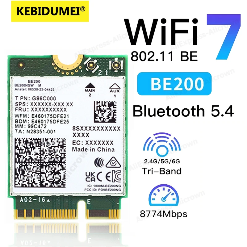

Адаптер KEBIDUMEI BE200 WiFi7, Bluetooth 5,4, 6 ГГц, беспроводная карта для Intel BE200NGW 802.11BE, сетевой адаптер M.2 NGFF для ПК/ноутбука