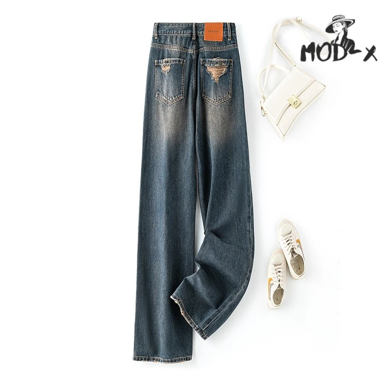 Wide-Leg Jeans for Women Narrow Version High Waist Thin to Do Old Raw Edge Small Straight Leg Mopping Pants Early Spring