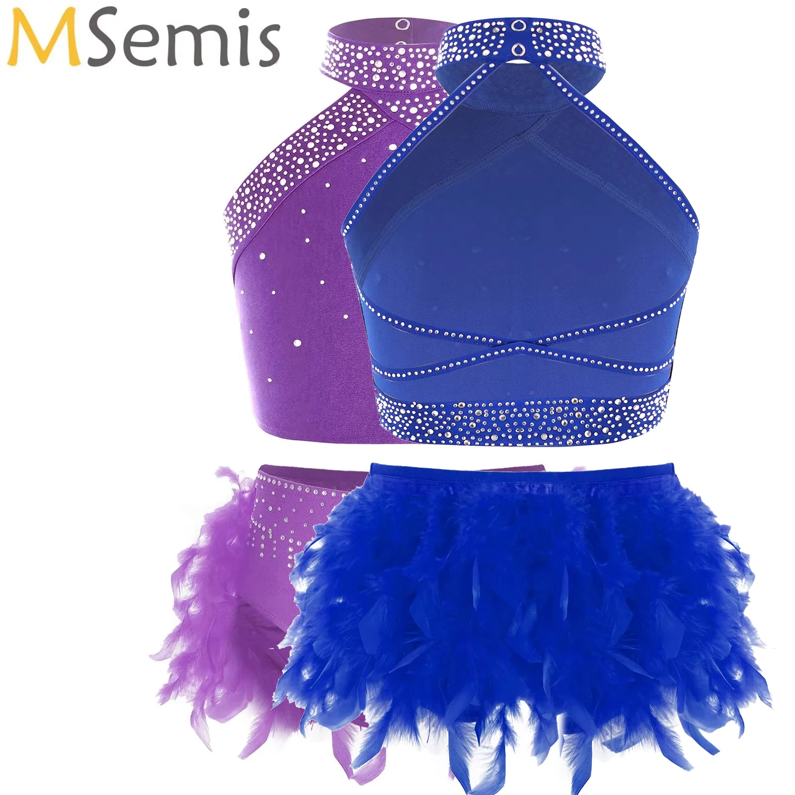 

Kids Girls Ballet Dance Outfit Performance Costume Rhinestones Gymnastics Crop Top with Feather Briefs Modern Dancewear Sets