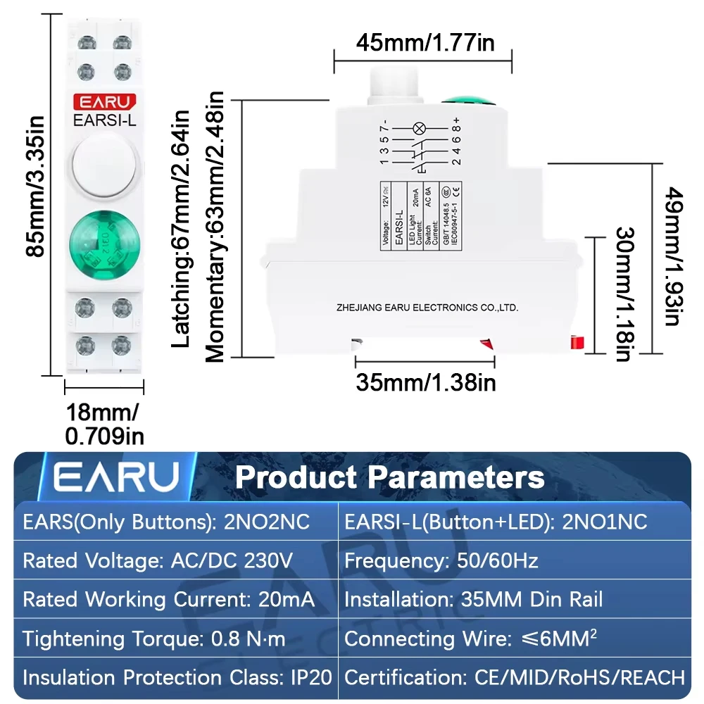 EARU 18MM AC DC 230V Din Rail Mounted Momentary Latching Push Button Switch with Red Green LED Pilot Signal Indicator Light Lamp image 2