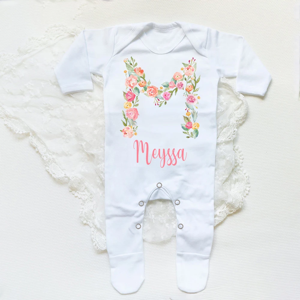 Personalised Flower Letter Babygrow Sleepsuit Custom Name Infant Sleepsuit Baby Coming Home Outfit Newbron Shower Romper Clothes