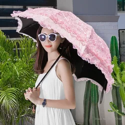 Double Layer Black Rubber Lace Sun Umbrella, Ladies High-end Photo Studio Wedding Dress Hanfu French Retro Parasol Umbrella, 1Pc