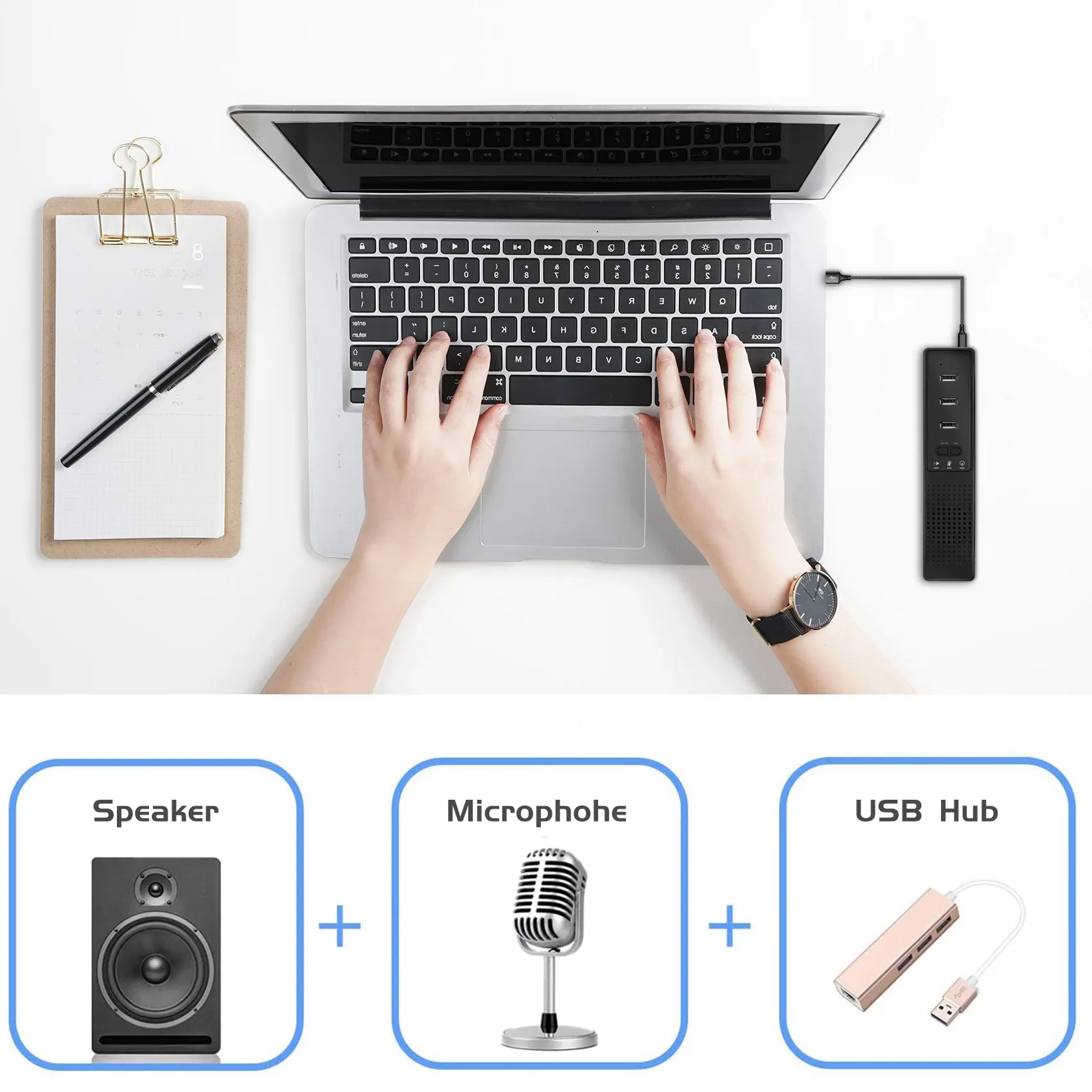 3 in 1 Computer Speakers with Microphone & Hubs USB Conference Speaker, PC Mic for Video Conference