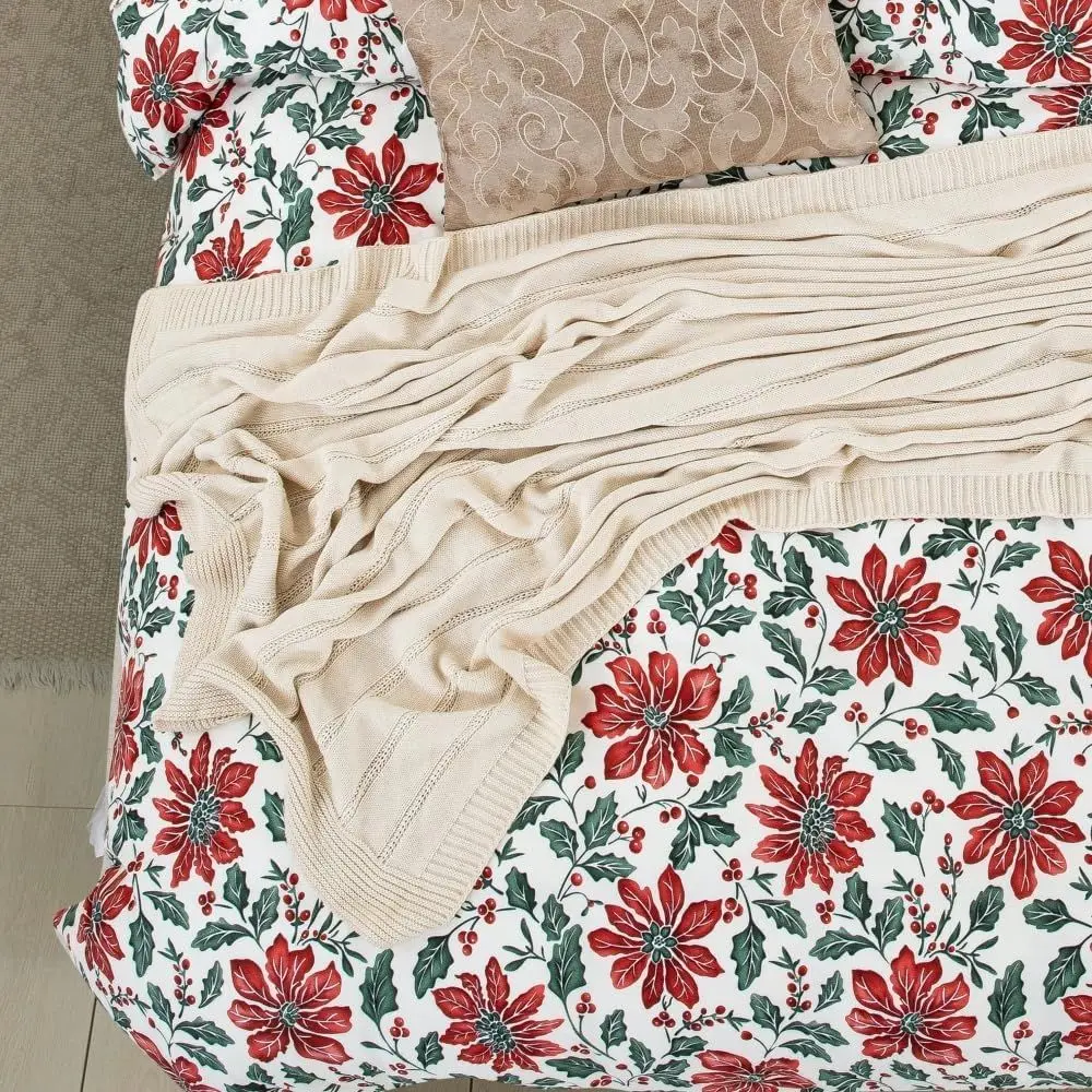 طقم غطاء لحاف قطن 100% مقاس كينج - 104x90 مع 2 شمز، تصميم زهرة عيد الميلاد في المزرعة #4