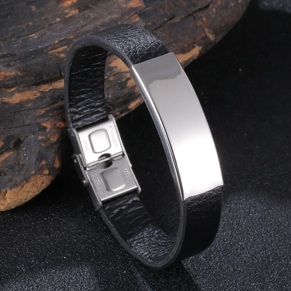 DIY Custom Leather Bracelet Personalized Men's Stainless Steel Engraved Name Medical ID Bracelets Trendy Men Accessories Jewelry