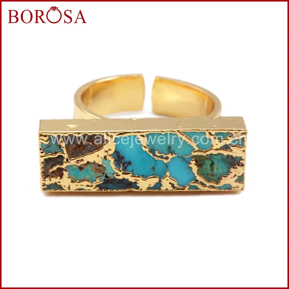 Fashion Gold Plated Copper Natural Turquoise Band Ring Healing Natural Stone Cuff Ring for Women Birthday Gift