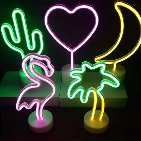 Flamingo Led Neon Light Coconut Tree Cactus Heart Shape Lamp Stand Colorful Home Room Decoration Christmas Night Light