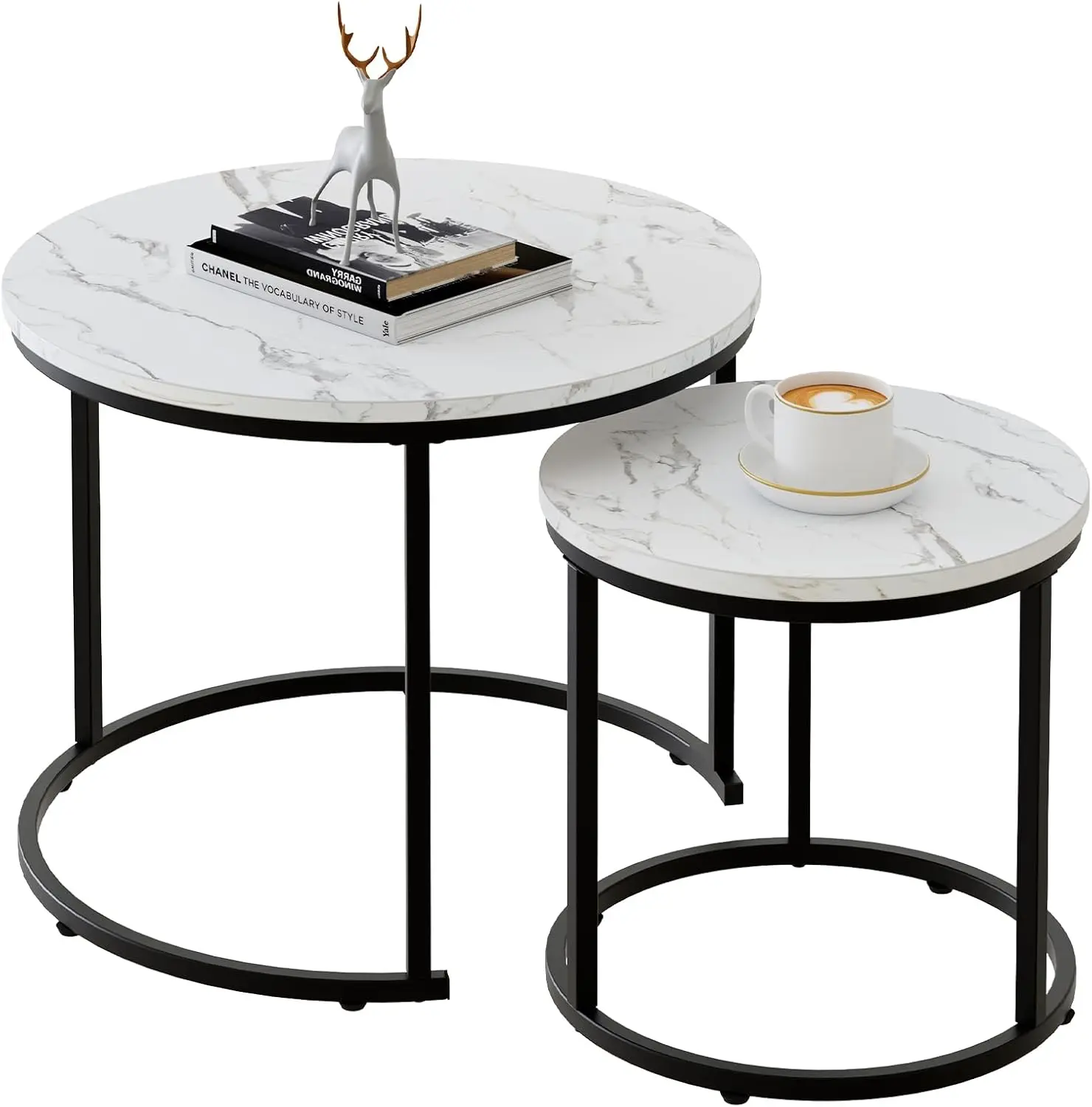 Round Nesting Coffee Table Side Table Set of 2 End Tables for Living Room Bedroom Balcony, White Faux Marble Wooden Table