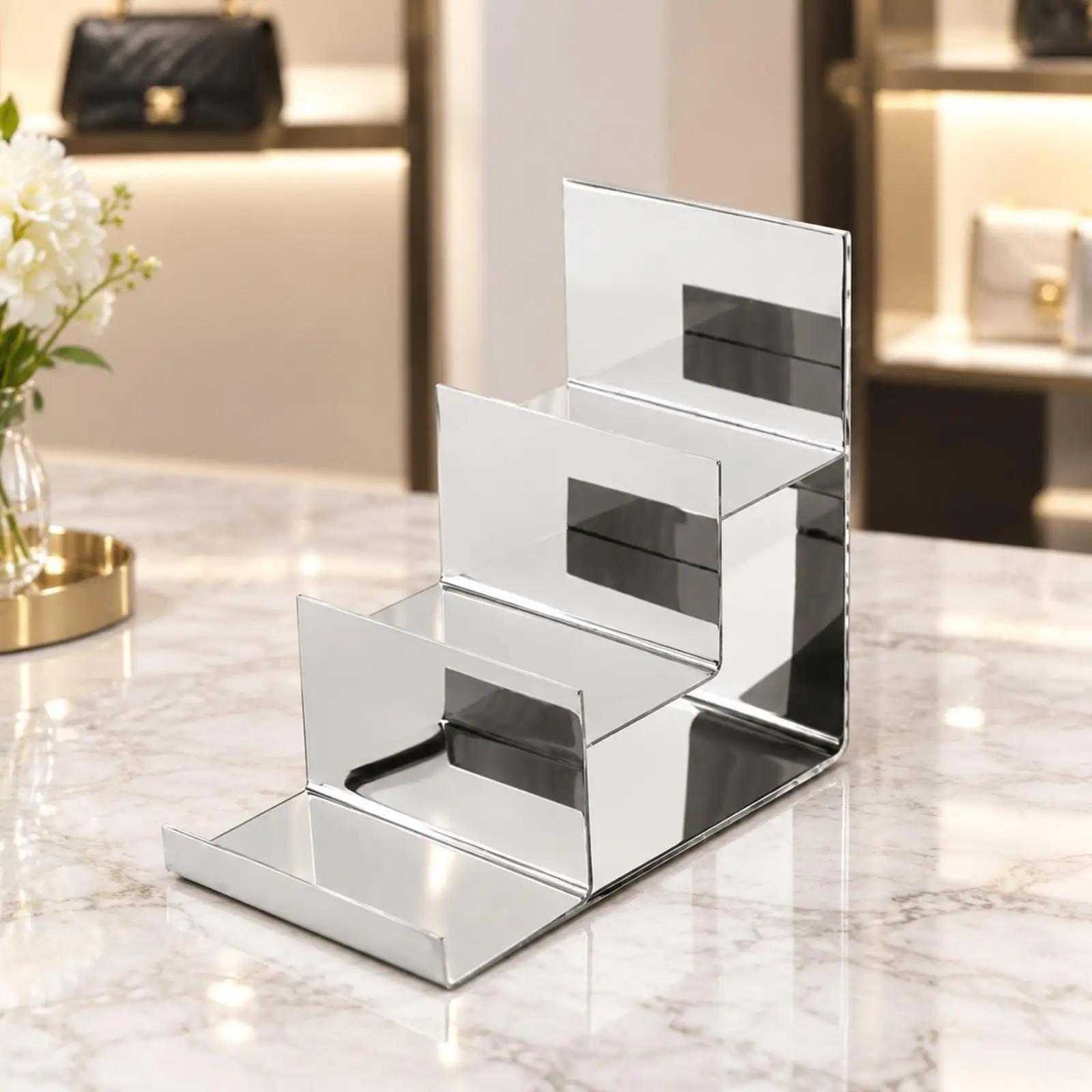 Bag Holder Tiered Stepped Handbag Display Rack Three-Level Accessory Display Rack Polished for Boutique Owners