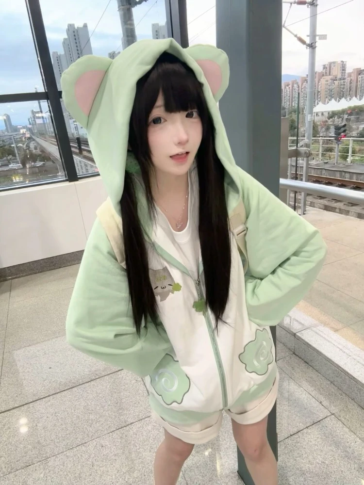 Y2k Harajuku Vintage dulce niñas sudaderas con capucha Japón Kawaii estampado de dibujos animados de manga larga con capucha cremallera abrigos mujeres Linda chaqueta elegante de los años 2000