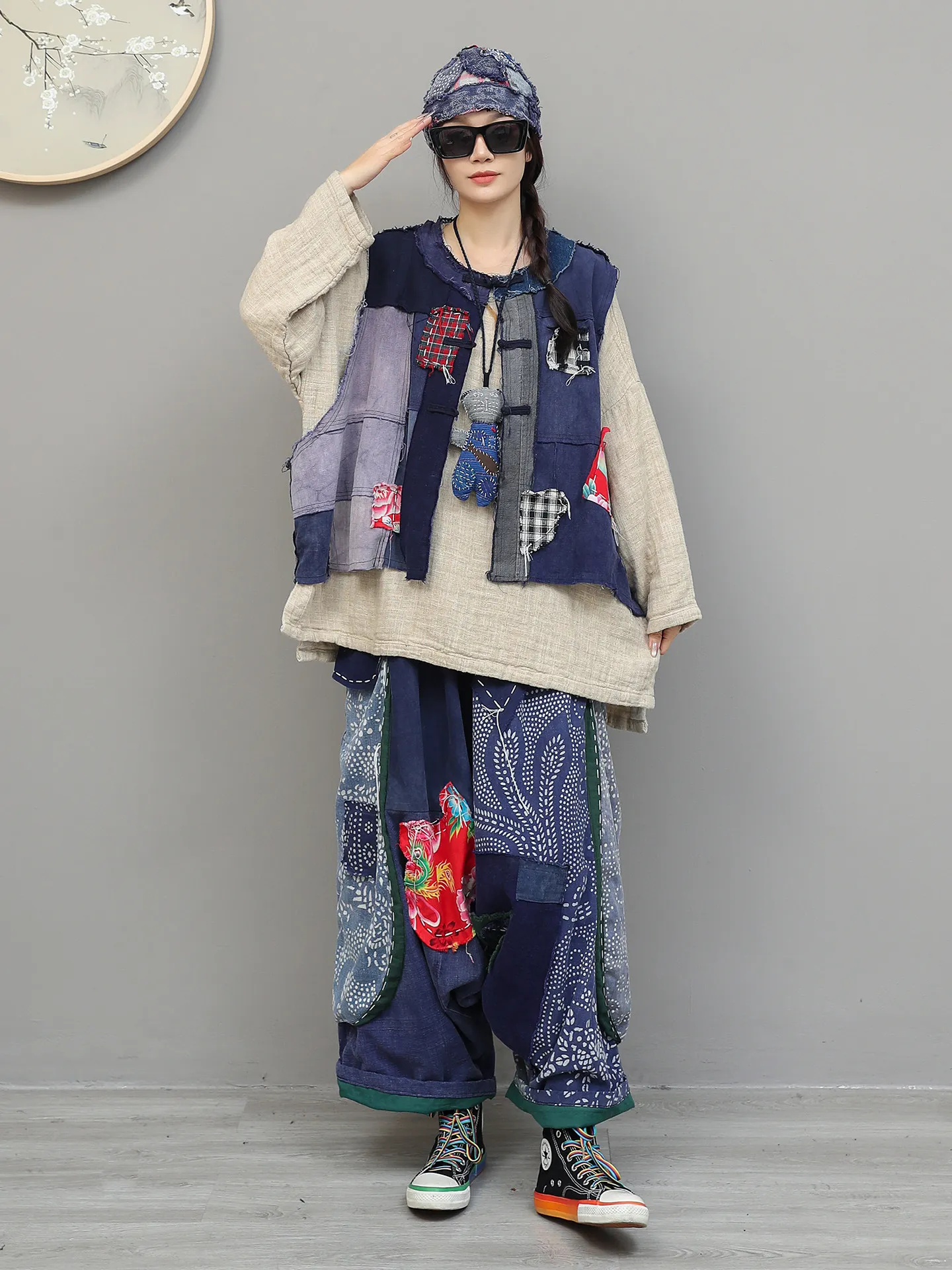 Retro Chinese Style Buttoned Cardigan Single Breasted Vest Elastic Waist Cross-pants Two-piece Set Women's Spring Casual Suit