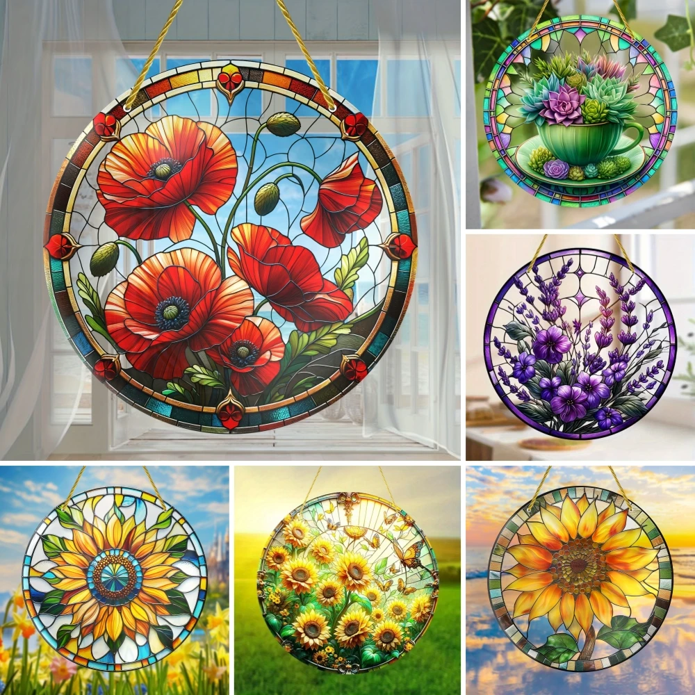 Sunshine Sunflower Window Hanging, Round Acrylic Sky Suncatcher for Wall Window Horticultural Ornaments, Home Room Yard Decor