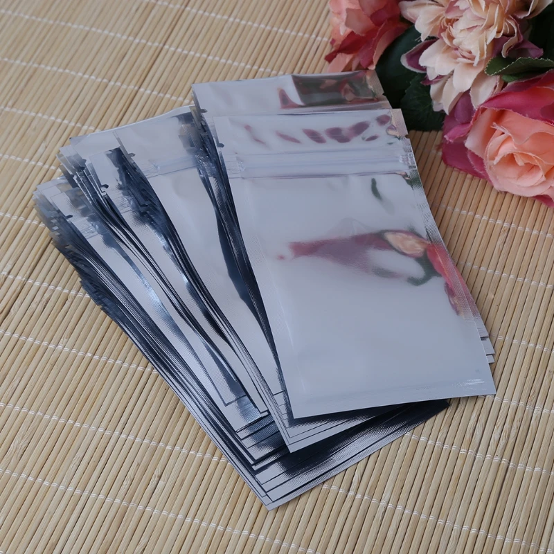 50 piezas 8,5x14 papel aluminio plateado Mylar bolsa reutilizable frontal transparente a prueba fugas