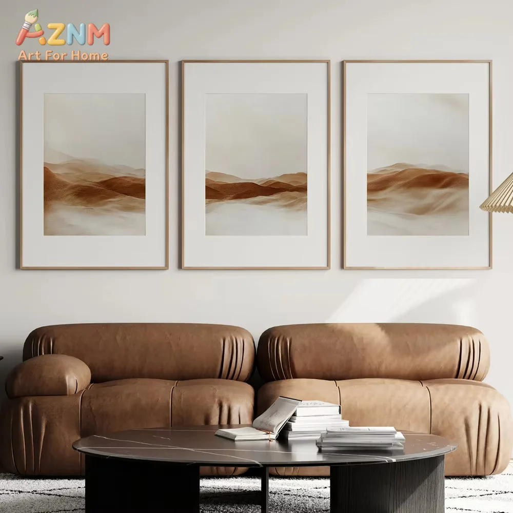 AZNM Minimalist Desert Landscape Poster Wall Art Set of 3 Abstract Neutral Toned Boho Painting Modern Art Room Home Decor