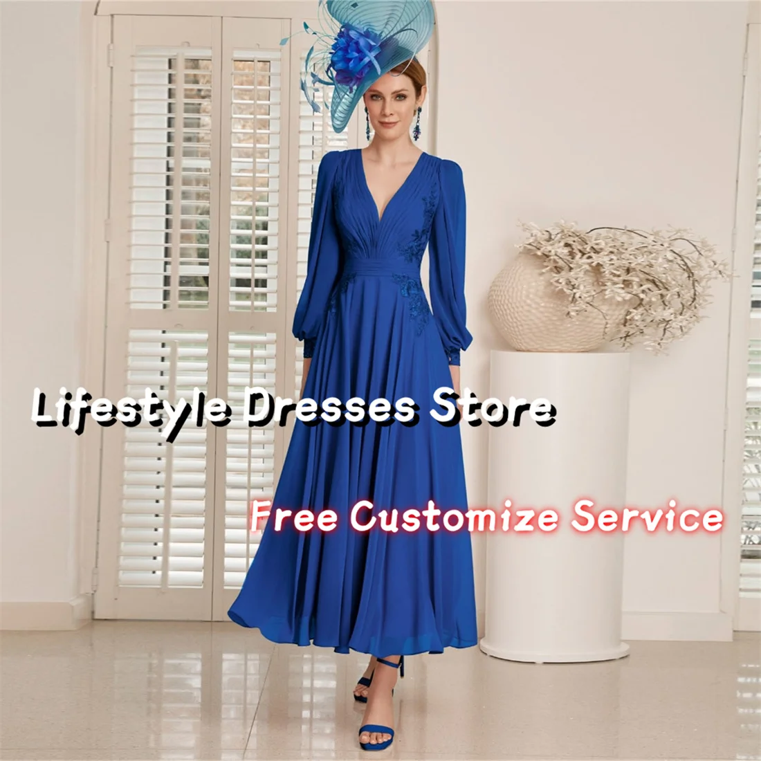 

Pleat Chiffon Applqiues Mother Of The Bride Dresses V-neck A-line Full Sleeves Wedding Guest Gown elegantes 2024 juveniles