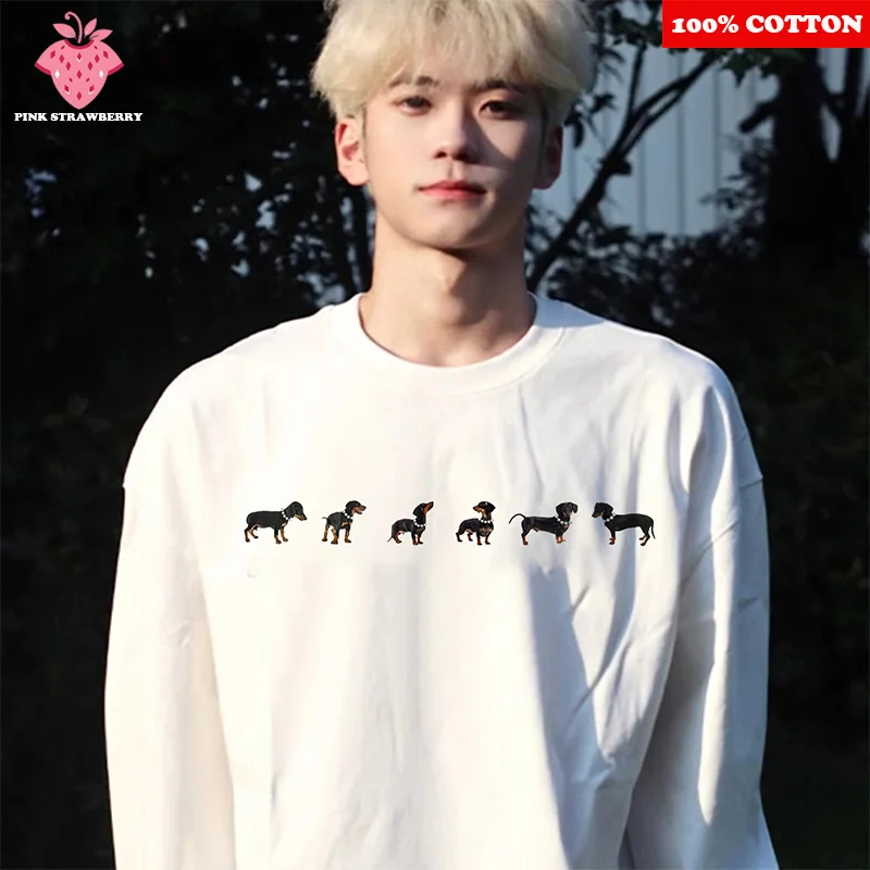 

American Dachshund Funny Print T-shirt Men Autumn Winter 2025 New 100% Cotton White Long sleeves Tee Loose Y2k Top men clothing