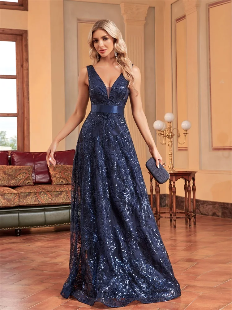 Lucyinlove Luxury Sexy Deep V-Neck Sequins Blue Evening Dress Women Elegant V-back Wedding Party Long Prom Cocktail Dress