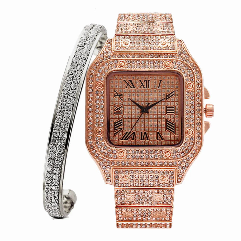 Iced Out Watch Bangle for Women Bling Miami Bracelet Fashion Simple Diamond Clocks Ladies Luxury Gold Set Relojes Para Mujer