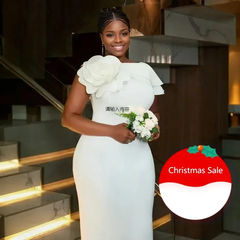 

White Dresses 3D Flower Design Slim Wedding Evening Dress Summer New Elegant Round Neck Short Sleeve Retro Birthday Female Gowns