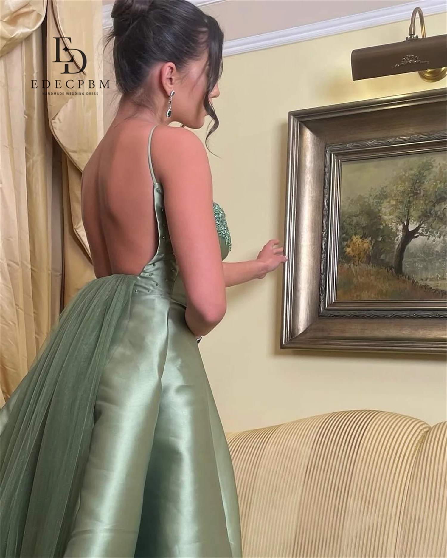 EDECPBM-vestidos elegantes personalizados para ocasiones especiales, vestido de noche verde para mujer, largo hasta la espalda de satén, novedad en vestidos