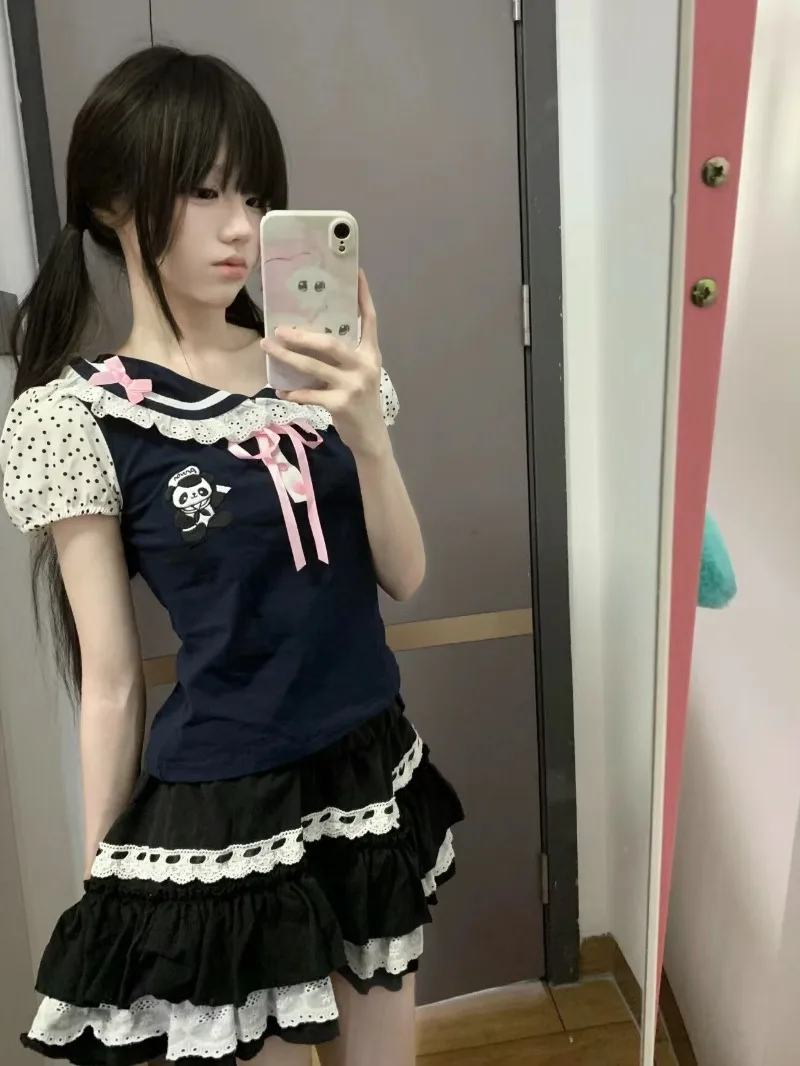 Summer New Polka Dot Patchwork Tops Japanese Cute Daughter Clothes Peter Pan Collar Bubble Sleeve Top Lace Short Sleeved T-shirt