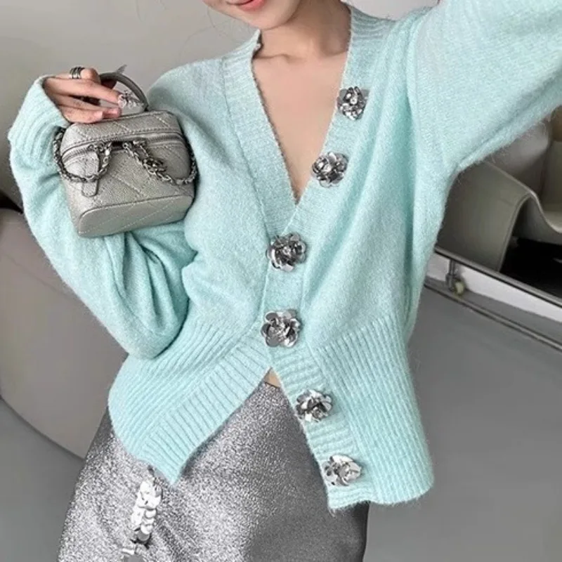 Casual Rose Single breasted Knitted Cardigan Sweater Autumn/Winter Women's Coats New V-neck Long Sleeve Retro Waist Slim Sweater