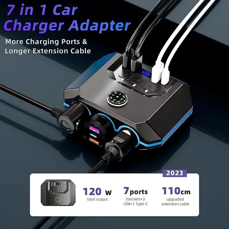 Car Lighter Splitter  120W car cigarette lighter one to three with switch voltage display 4USB car cigarette lighter charging